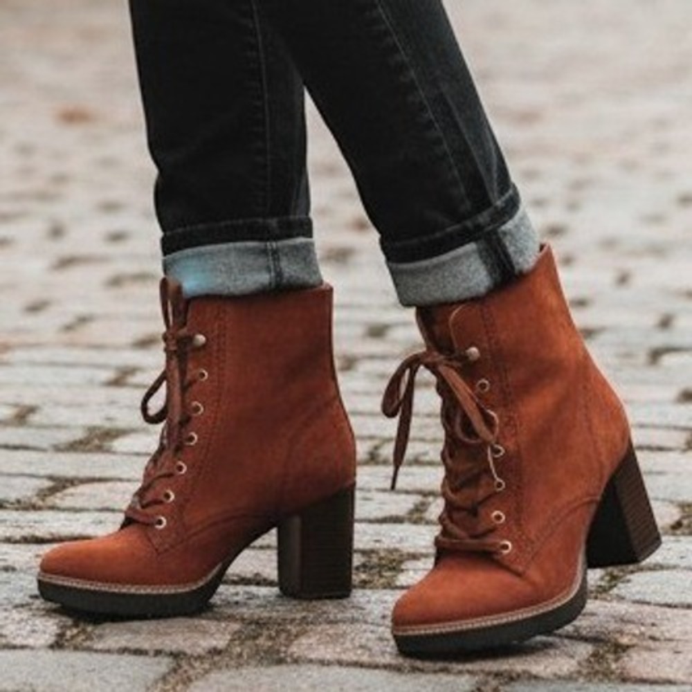 Naturalizer Callie Lace Up Suede Ankle Boots Boho Block Heel 7.5 Rust Brown